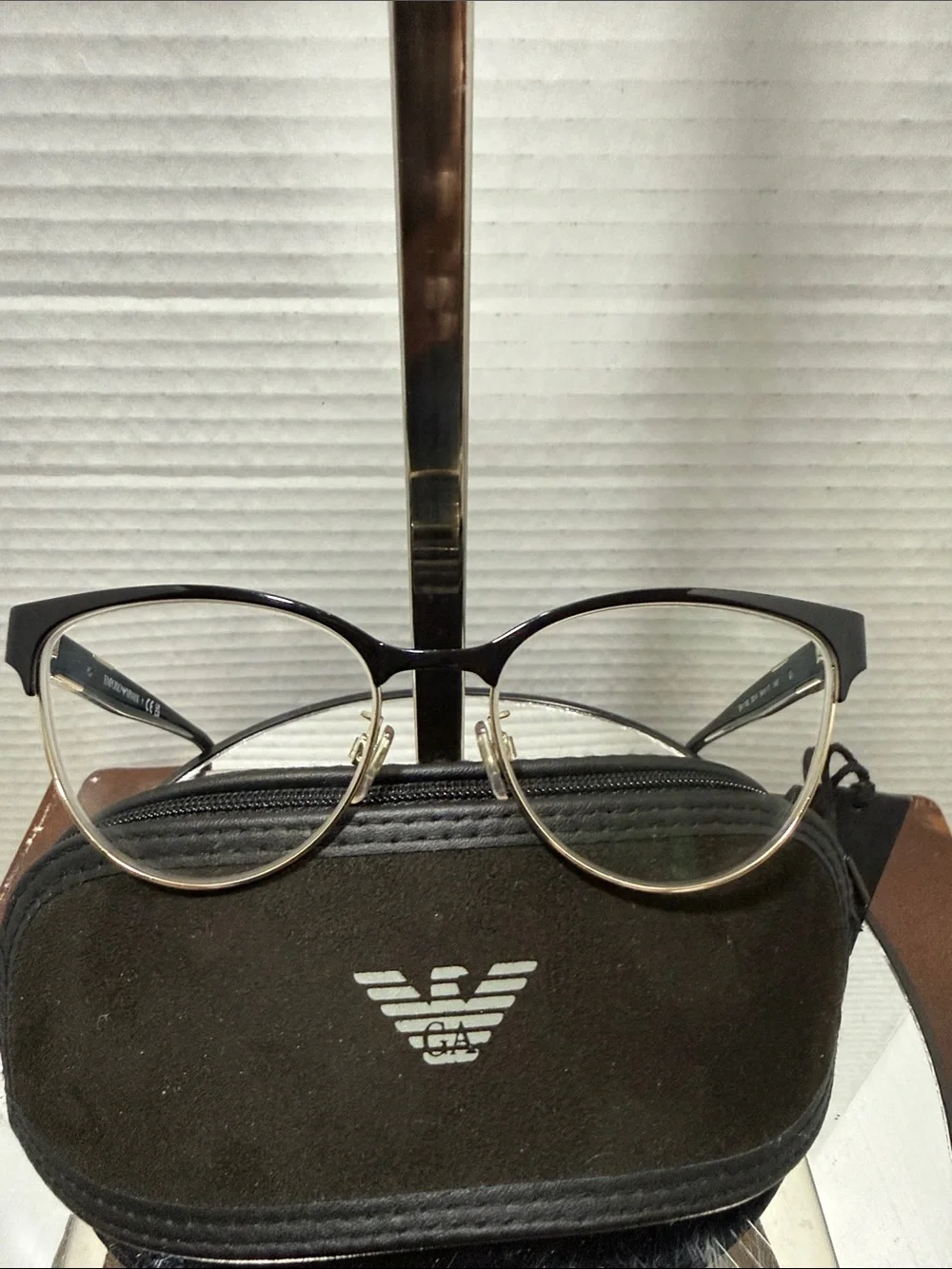 Emporio Armani Black and Gold Semi-Rim Cat-Eye Glasses w/New Case
